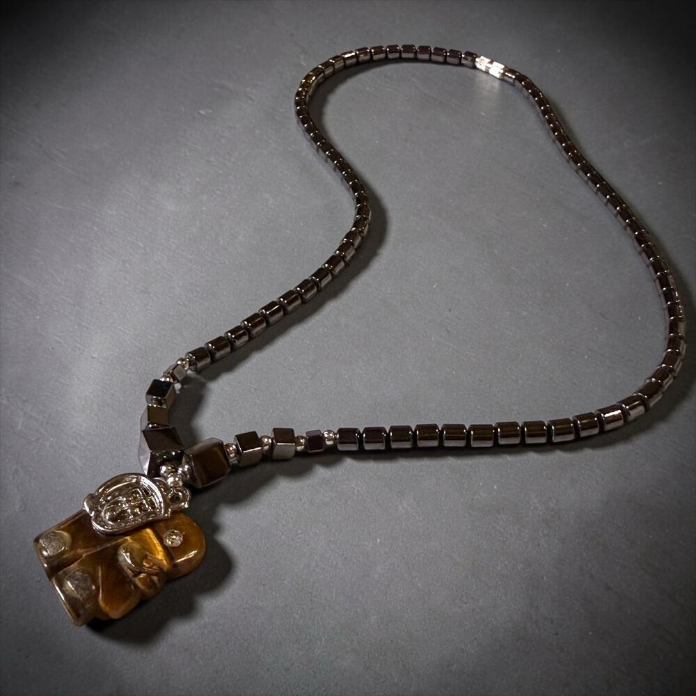 Boho Hematite Necklace Tiger’s Eye Elephant Pendant Womens Hippie Unique 17”